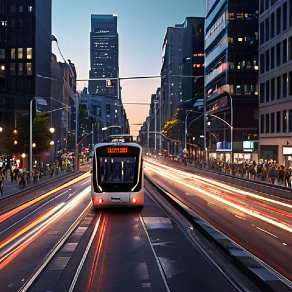 **

A bustling cityscape at dusk featuring self-driving cars seamlessly navigating traffic. Include smart traffic lights optimizing flow, real-time information displays, and integrated public transportation like buses and trams. Emphasize efficiency and connectivity.

**