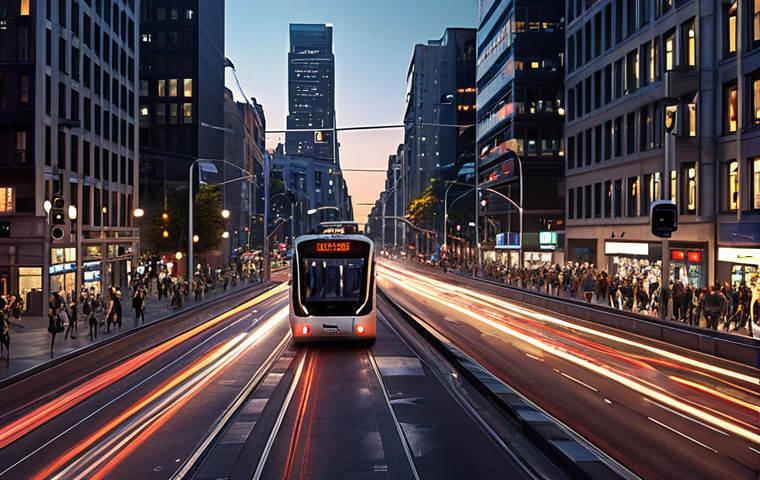 **

A bustling cityscape at dusk featuring self-driving cars seamlessly navigating traffic. Include smart traffic lights optimizing flow, real-time information displays, and integrated public transportation like buses and trams. Emphasize efficiency and connectivity.

**