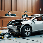 **Legal Liability in Autonomous Vehicle Accidents:** A courtroom scene depicting a complex legal battle. Focus on the ambiguity of responsibility with a crashed autonomous car in the background, representing the potential involvement of the driver, manufacturer, and software developer.