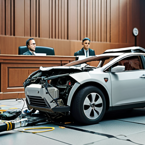 **Legal Liability in Autonomous Vehicle Accidents:** A courtroom scene depicting a complex legal battle. Focus on the ambiguity of responsibility with a crashed autonomous car in the background, representing the potential involvement of the driver, manufacturer, and software developer.