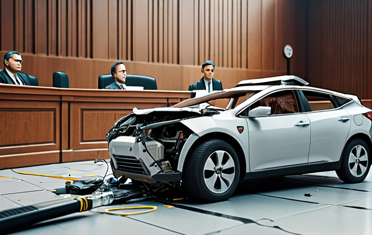 **Legal Liability in Autonomous Vehicle Accidents:** A courtroom scene depicting a complex legal battle. Focus on the ambiguity of responsibility with a crashed autonomous car in the background, representing the potential involvement of the driver, manufacturer, and software developer.
