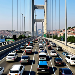 **AI-powered traffic management in Istanbul:** A bustling scene in Istanbul with the Bosphorus Bridge in the background. Smart traffic lights are visible, dynamically adjusting to real-time traffic conditions. Show autonomous vehicles seamlessly merging with regular cars, all contributing to a smooth flow of traffic. The scene highlights how technology reduces congestion and improves travel times in a major Turkish city.