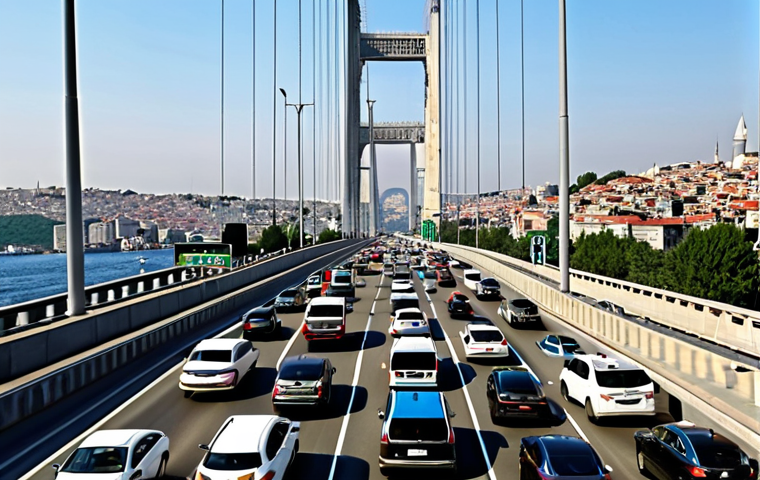 **AI-powered traffic management in Istanbul:** A bustling scene in Istanbul with the Bosphorus Bridge in the background. Smart traffic lights are visible, dynamically adjusting to real-time traffic conditions. Show autonomous vehicles seamlessly merging with regular cars, all contributing to a smooth flow of traffic. The scene highlights how technology reduces congestion and improves travel times in a major Turkish city.